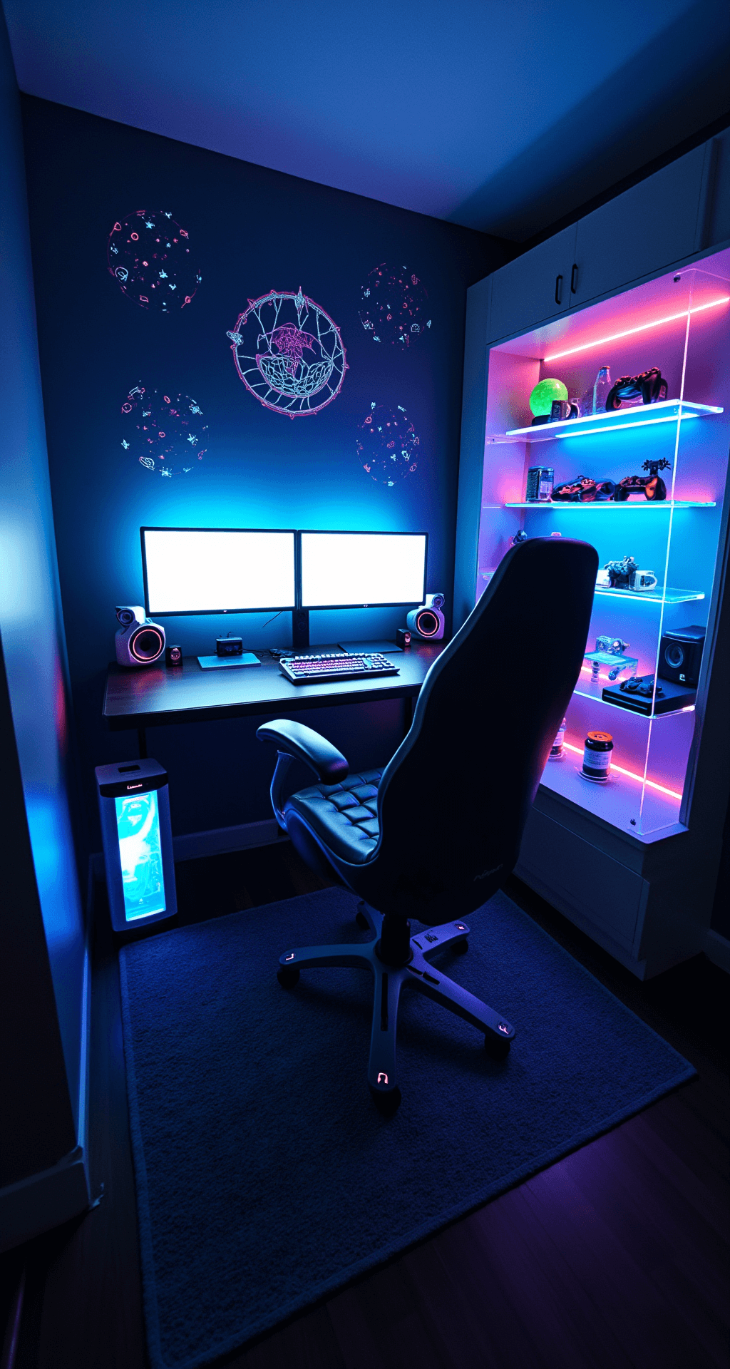 A compact gaming room illuminated by UV lights, featuring glow-in-the-dark constellations on the walls, a floating desk with a triple-monitor setup, a futuristic pod-style chair, transparent shelving with glowing peripherals, a soft blue-glowing mini-fridge, and a high-pile black carpet.