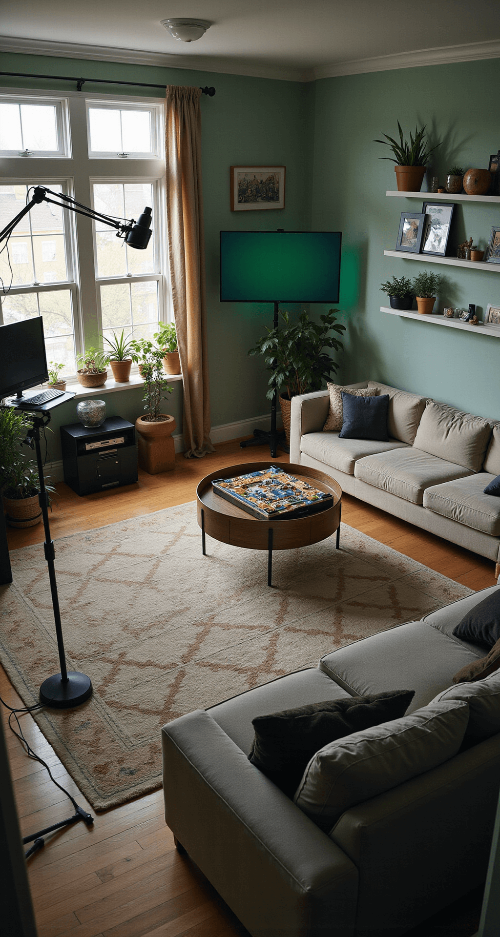 Open-concept gaming and entertainment space featuring a professional streaming setup with green screen and high-end microphone on one side, and a cozy multiplayer zone with sectional sofa and wall-mounted TV on the other, all illuminated by early morning light.