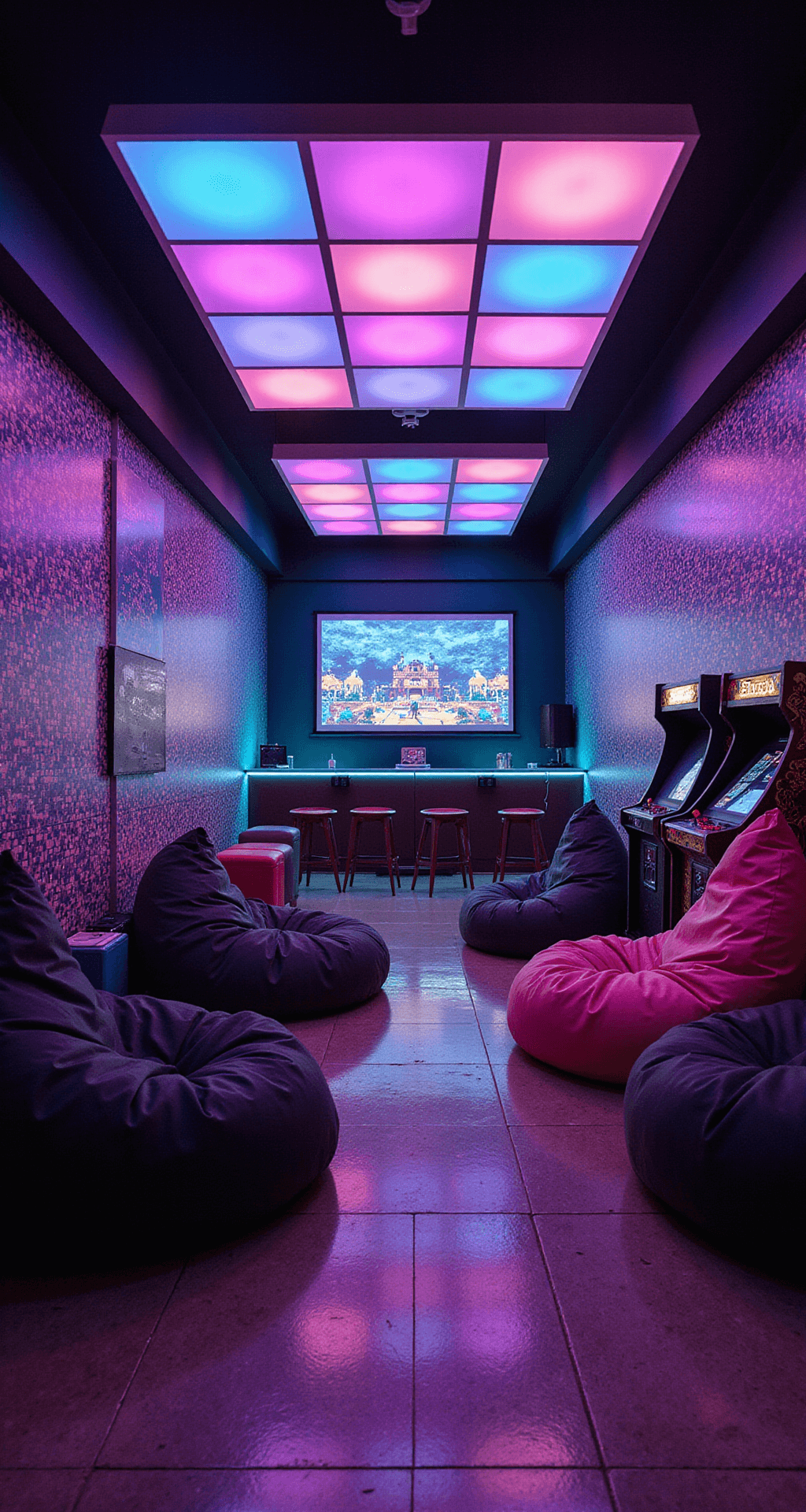 A retro arcade-inspired gaming room with pixelated wallpaper, restored arcade cabinets casting colorful glows, a large projection screen, flexible seating, a neon-lit bar area, and color-changing LED panels, all captured in twilight for a vibrant, nostalgic atmosphere.