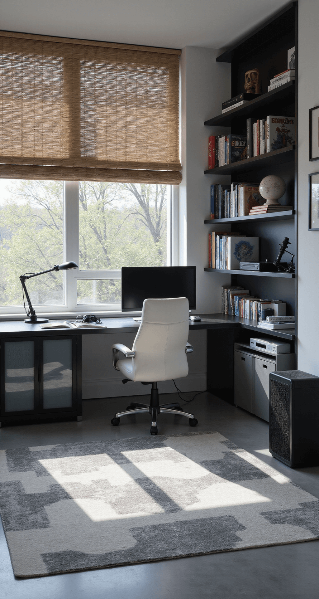 A sophisticated monochromatic gaming room with gray and white tones, featuring a minimalist desk with a large monitor, a sleek white leather gaming chair, and a floor-to-ceiling bookshelf filled with gaming books, all illuminated by soft afternoon light through bamboo blinds.