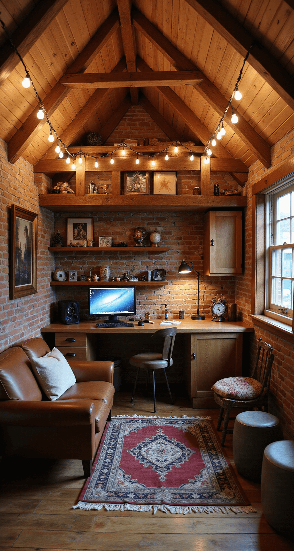 A cozy gaming loft with exposed brick walls, wooden beams, warm string lights, a custom gaming station, floating shelves with gaming art, and a leather loveseat, featuring a reading nook above and distressed hardwood floors with vintage rugs.
