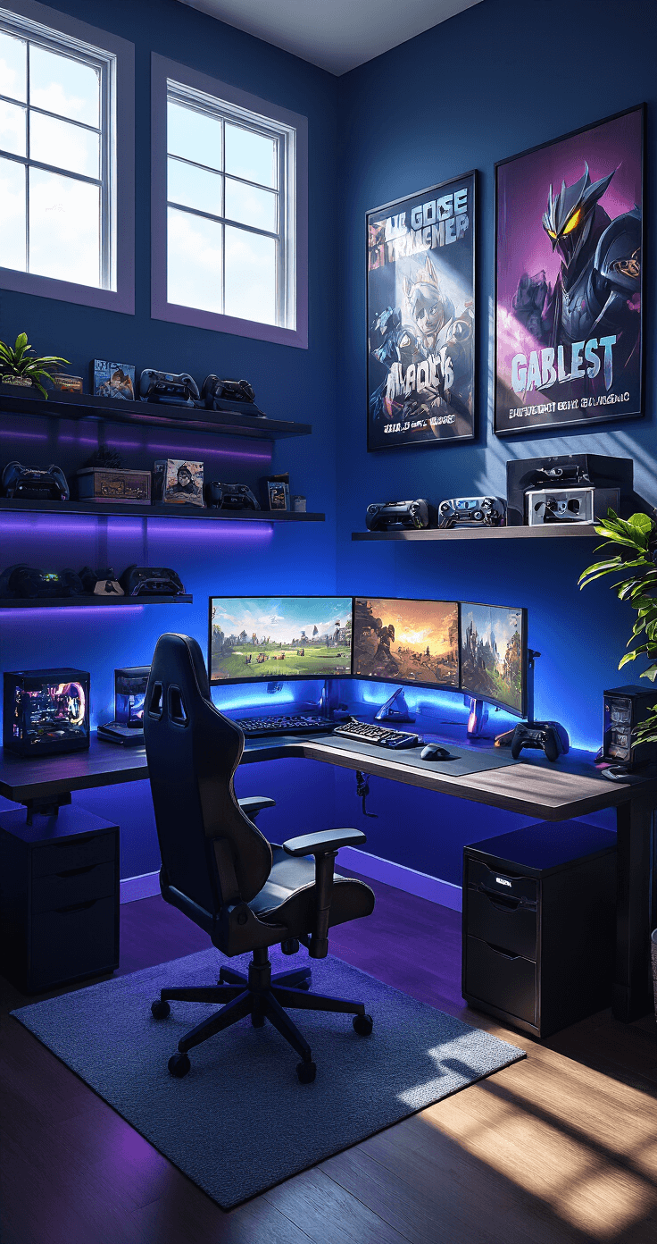 A spacious gaming room featuring a sleek L-shaped desk with a triple monitor setup, customizable RGB lighting, and deep blue and purple walls adorned with oversized game character posters, illuminated by late afternoon sunlight streaming through large windows.