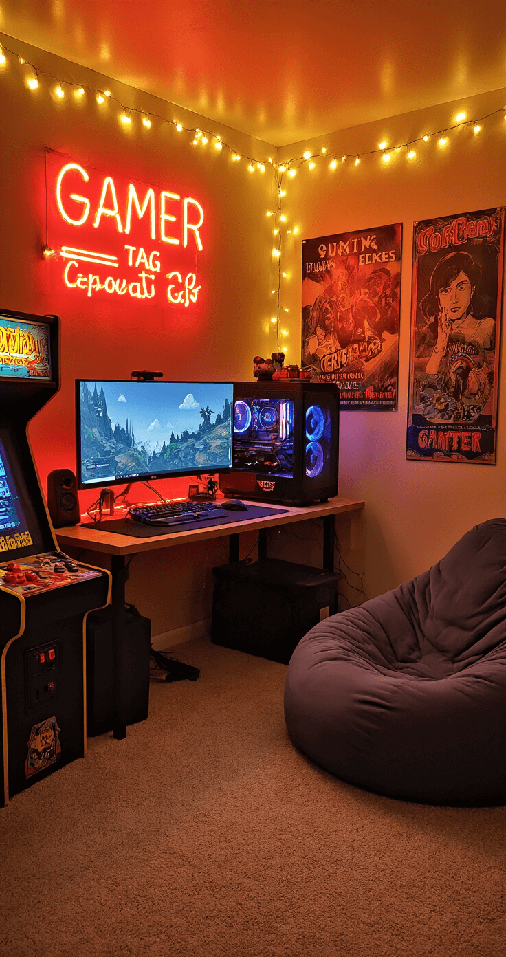 A cozy 10x12 foot gaming nook featuring string lights, a neon gamer tag sign, a gaming PC with an ultrawide monitor, retro arcade cabinets, vintage gaming posters, and a plush bean bag chair, all enveloped in a warm red and gold color scheme.