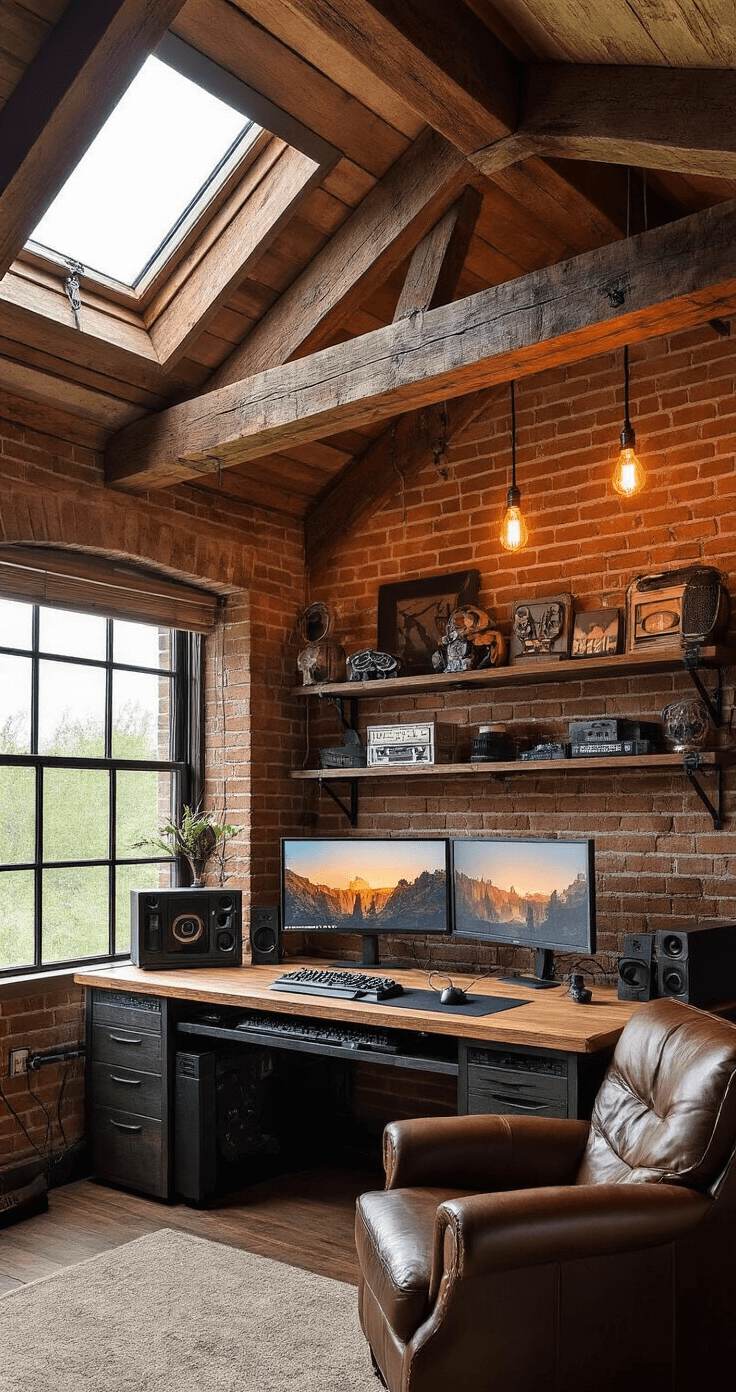A cozy gaming loft blending rustic elements and modern technology, featuring exposed beams, brick walls, a custom-built desk with dual monitors, vintage gaming memorabilia on industrial shelves, and a leather armchair, all illuminated by natural light and Edison bulbs.