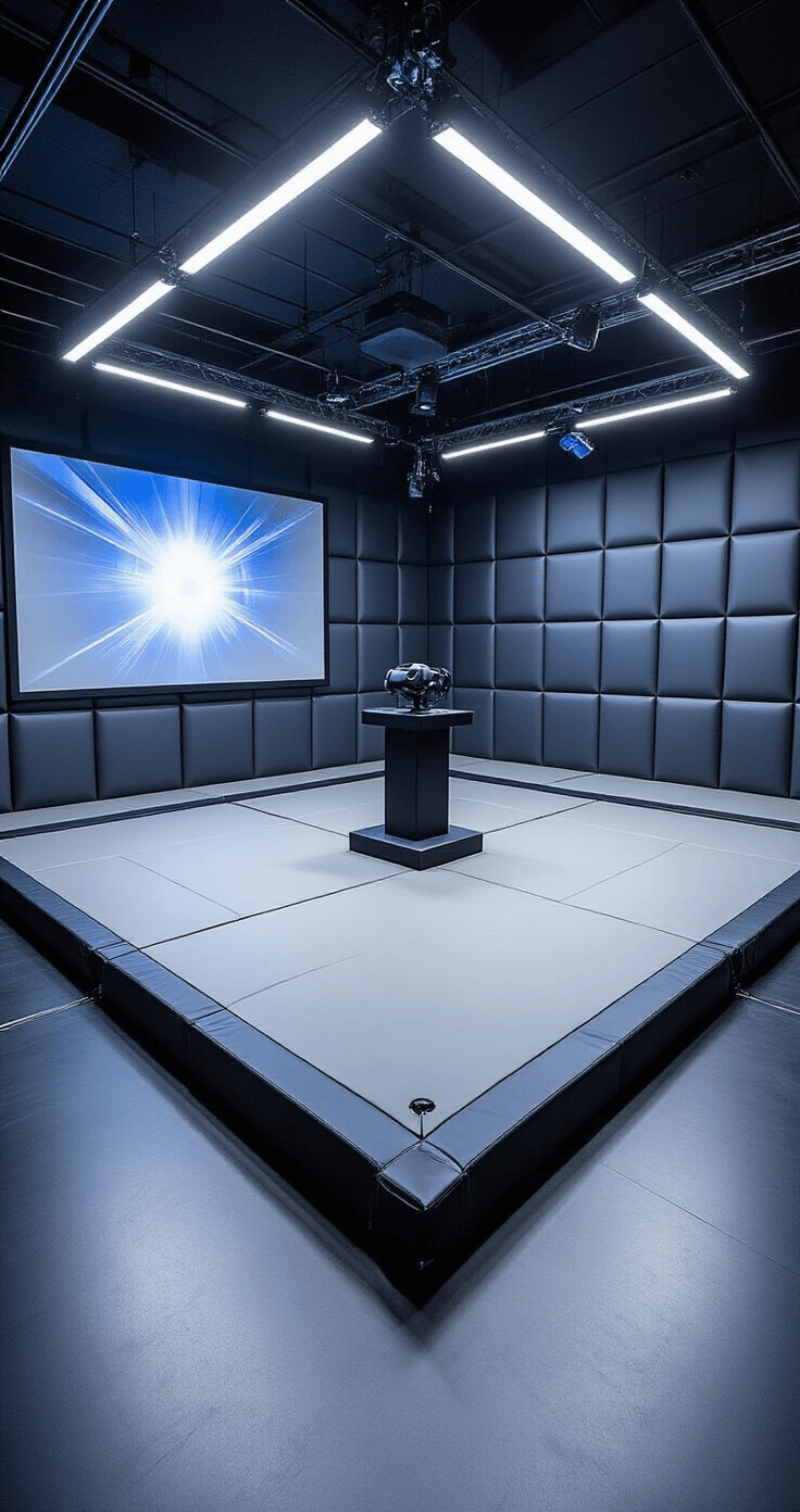 A wide-angle view of a 20x20 foot VR gaming arena featuring padded walls, soft diffused lighting, and a central podium with VR equipment. The cool gray and white color scheme is accented by electric blue, with a massive LED screen on one wall for spectators and high-tech sensors in each corner.