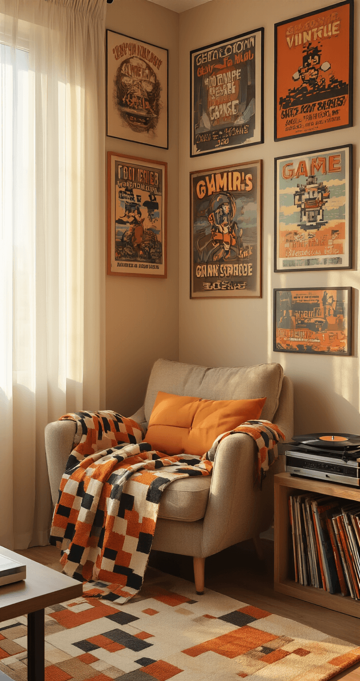 A cozy gaming nook with vintage game posters on the walls, a plush armchair with a pixel-patterned blanket, warm afternoon light, and a low bookshelf with a vinyl record player.