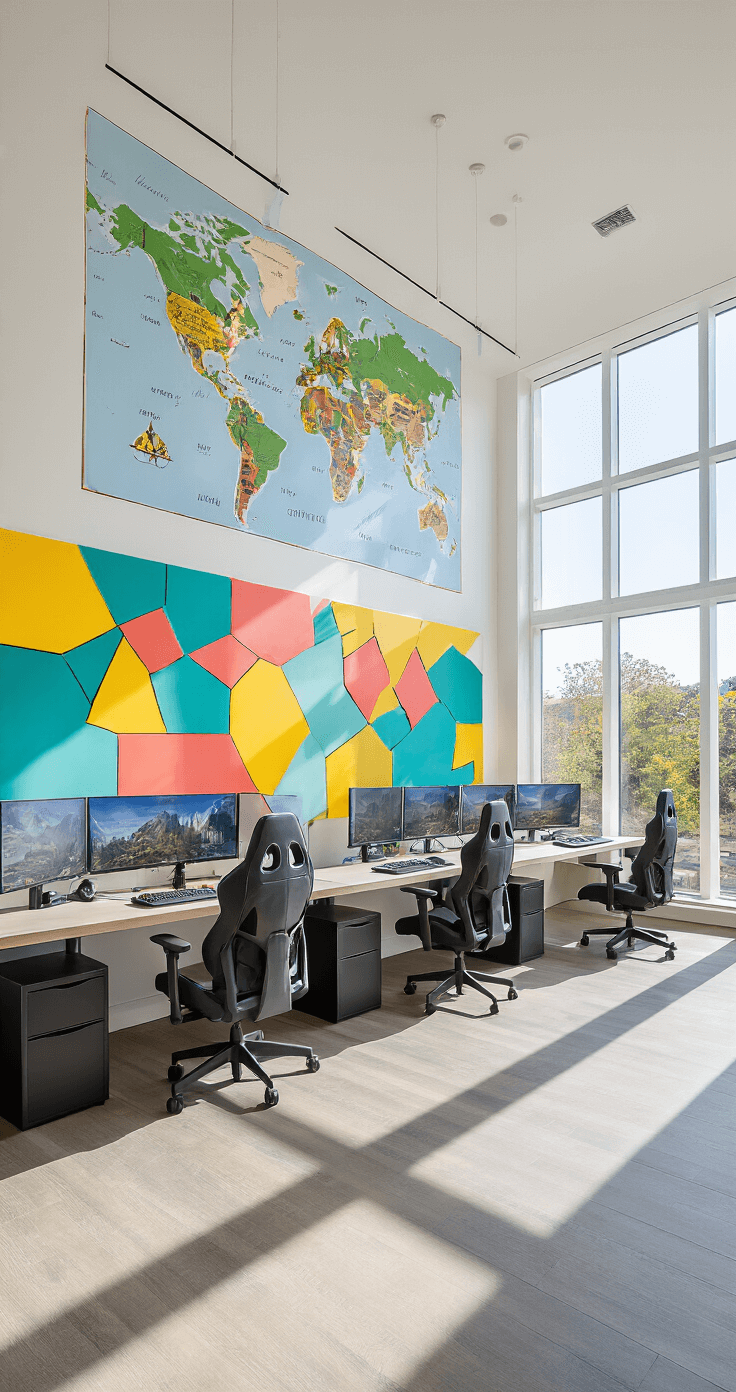 A vibrant open-concept gaming space measuring 15x20 ft, featuring floor-to-ceiling windows that flood the room with natural light. One wall displays a large world map decal with gaming landmarks, while a long floating desk with ergonomic chairs supports multiple gaming stations. The opposite wall is adorned with colorful geometric removable decals in bright yellow, teal, and coral against white walls, creating an inspiring atmosphere.