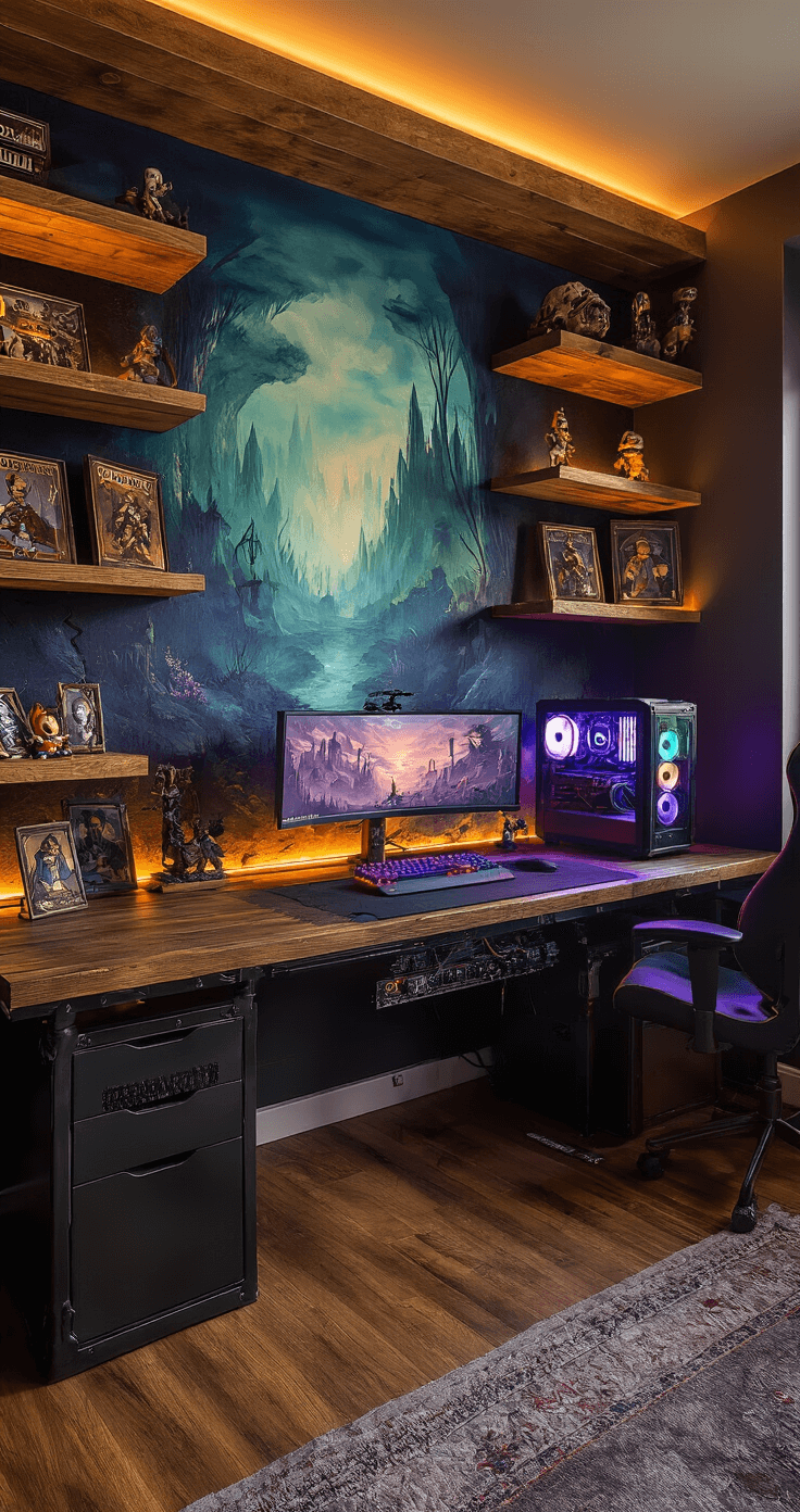 An intimate gaming corner in a loft-style apartment, illuminated by golden hour light. A large hand-painted mural of a fantastical gaming landscape serves as the backdrop for a custom-built gaming PC on an industrial-style metal desk. Surrounding handcrafted wooden floating shelves display limited edition collectibles and signed memorabilia. The rich color scheme features deep purples and teals contrasted with warm wood tones, creating a mysterious and immersive atmosphere.