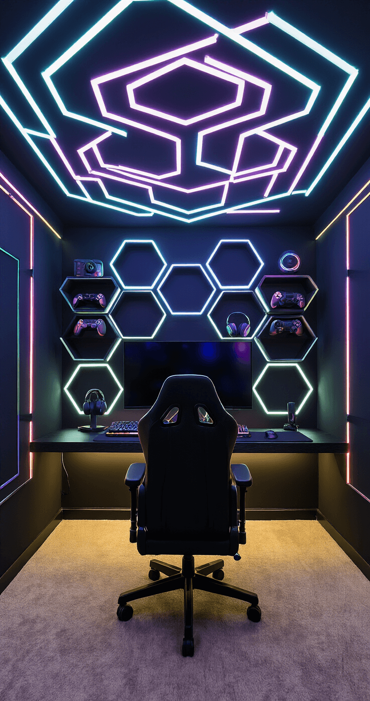 A compact, windowless gaming sanctuary measuring 9x11 ft, illuminated by RGB LED strips in geometric patterns on the ceiling and walls. The focus is a wall-mounted TV surrounded by asymmetrical hexagonal shelves displaying neon-painted gaming peripherals. A black velvet gaming chair faces a sleek, backlit keyboard, all set against a dark, dramatic color scheme. The low-angle shot captures the intricate ceiling light design, enhancing the intense and immersive atmosphere.