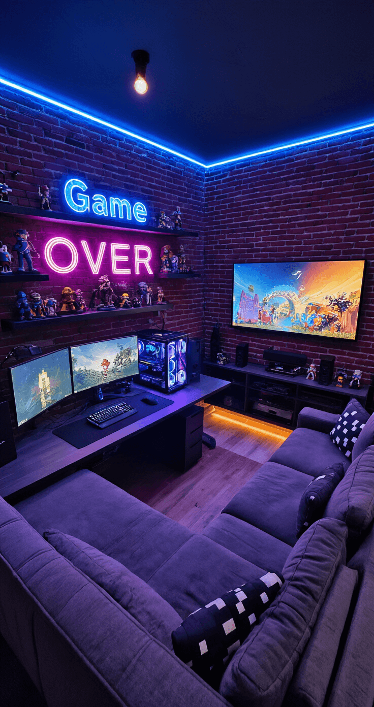 A spacious gaming room featuring exposed brick walls, high ceilings, ambient LED lights in blue and purple, a large L-shaped desk with triple monitors and a glowing PC, gaming memorabilia on floating shelves, a 75-inch TV above an entertainment center, a plush sectional sofa with pixelated pillows, and a neon ‘Game Over’ sign, all captured from a wide angle at the doorway.