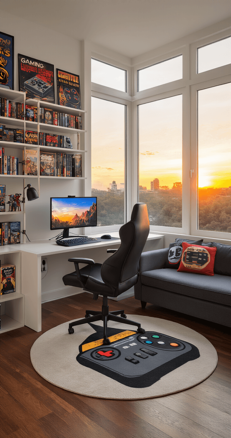 An intimate gaming nook with a dual-monitor setup on a white desk, ergonomic black leather chair, and a floor-to-ceiling bookshelf filled with game books. A gray couch with retro game controller pillows faces the desk, under a warm sunset glow from large windows. A round world map rug partially covers the hardwood floor, and vintage game posters hang above.
