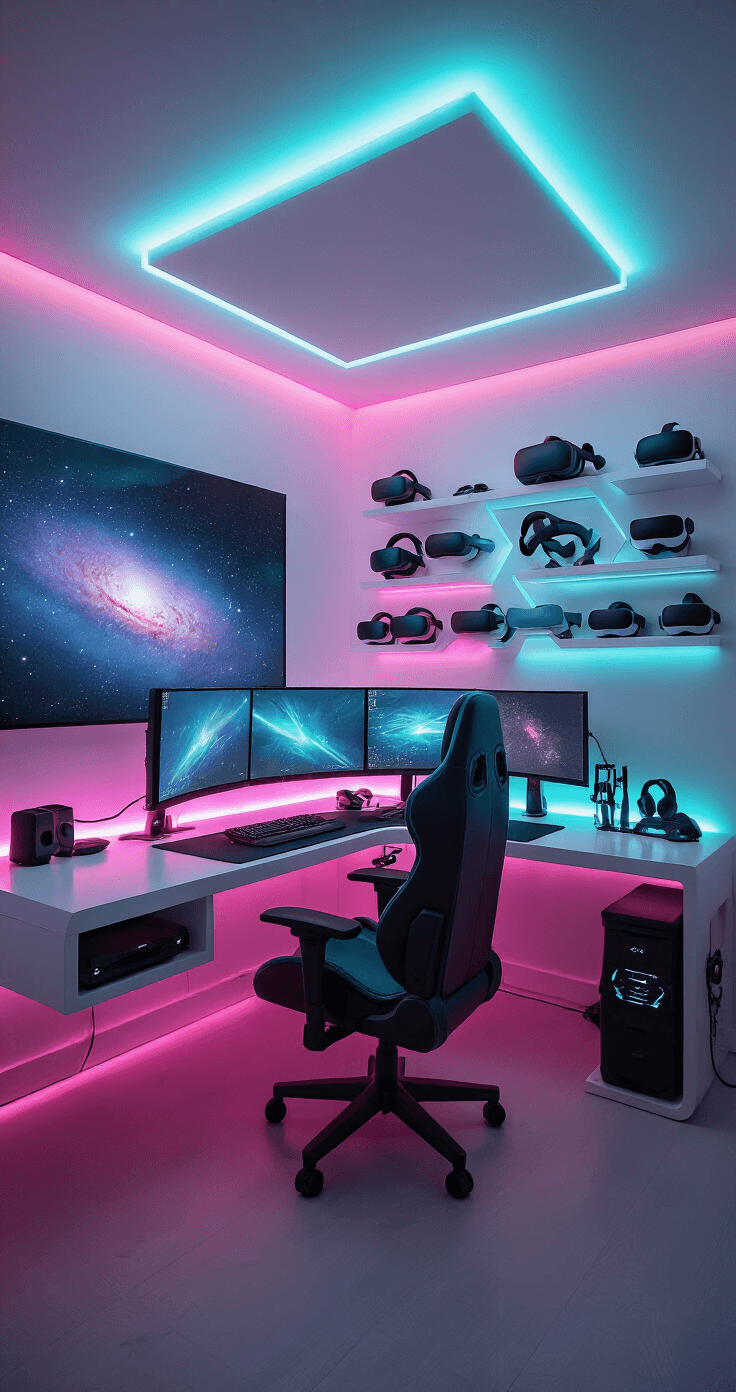 Futuristic gaming den with glossy white walls and LED lighting in pink and teal, featuring a curved gaming station, triple-monitor array, high-tech gaming chair, projection screen of a galaxy, and floating geometric shelves, all on a dark epoxy floor with a transparent acrylic coffee table displaying gaming magazines.