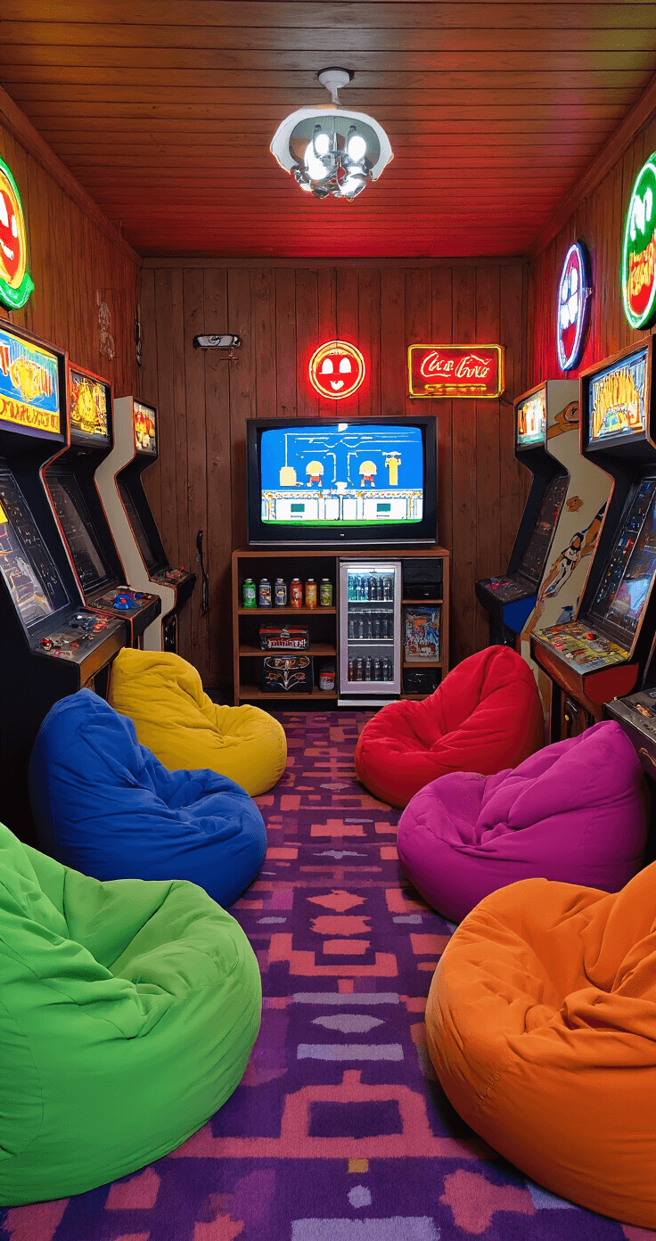 A cozy retro gaming room styled like an 80s arcade, featuring faux wood paneling, vintage arcade marquees, glowing refurbished cabinets, a large CRT TV, vibrant beanbag chairs, a mini-fridge designed like a Pac-Man ghost, and bold geometric carpet, all illuminated by low-key practical lighting.