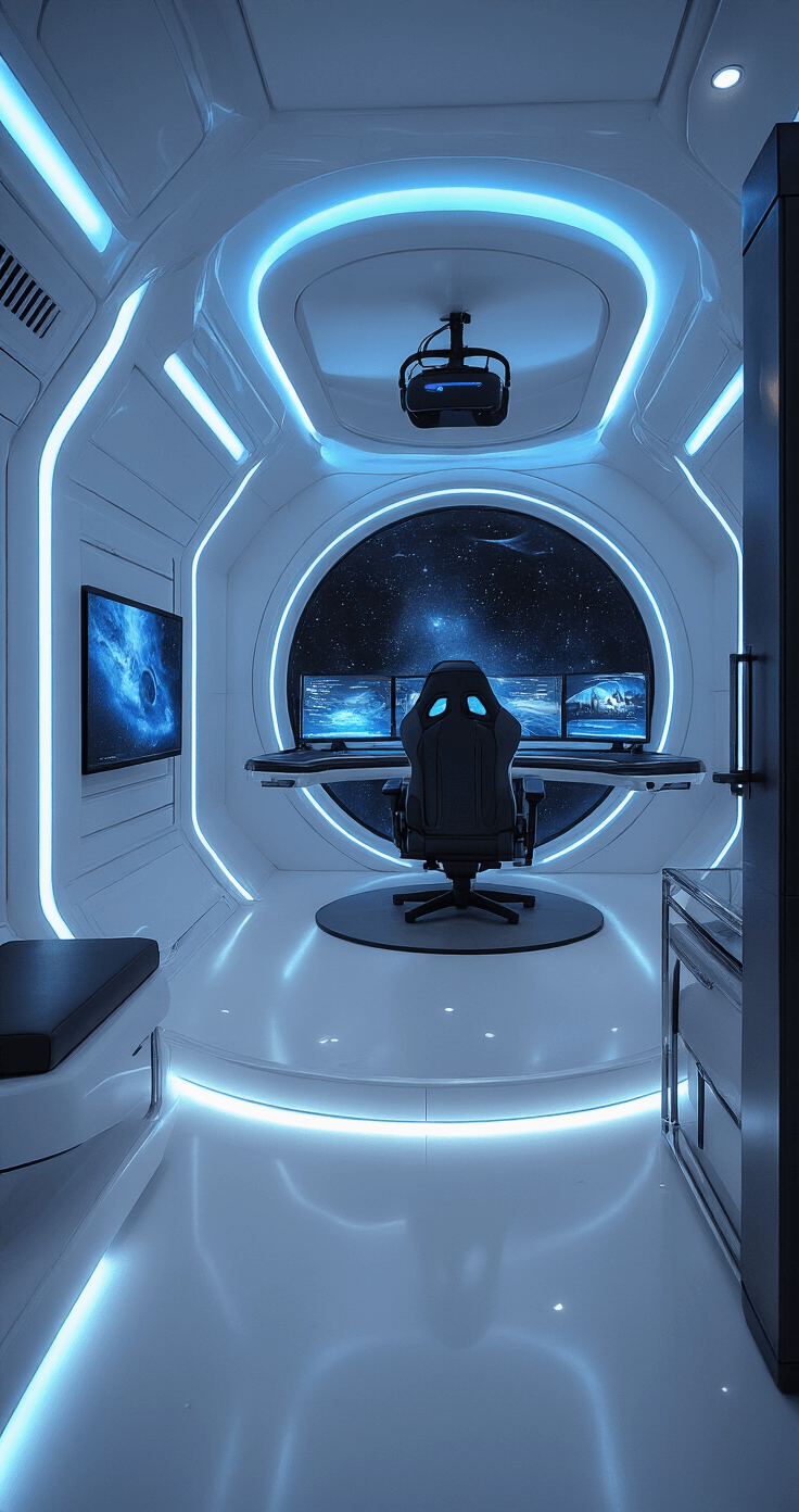PC Gaming Room Decor: Essential Guide A futuristic gaming room designed like a spaceship, featuring curved white walls with blue LED lighting, a central circular gaming pod with floating holographic displays, and sleek metal and glass furniture. A large screen shows stars and planets, while seamless white flooring has subtle light-up pathways, all under low-angle camera perspective for a dramatic effect.