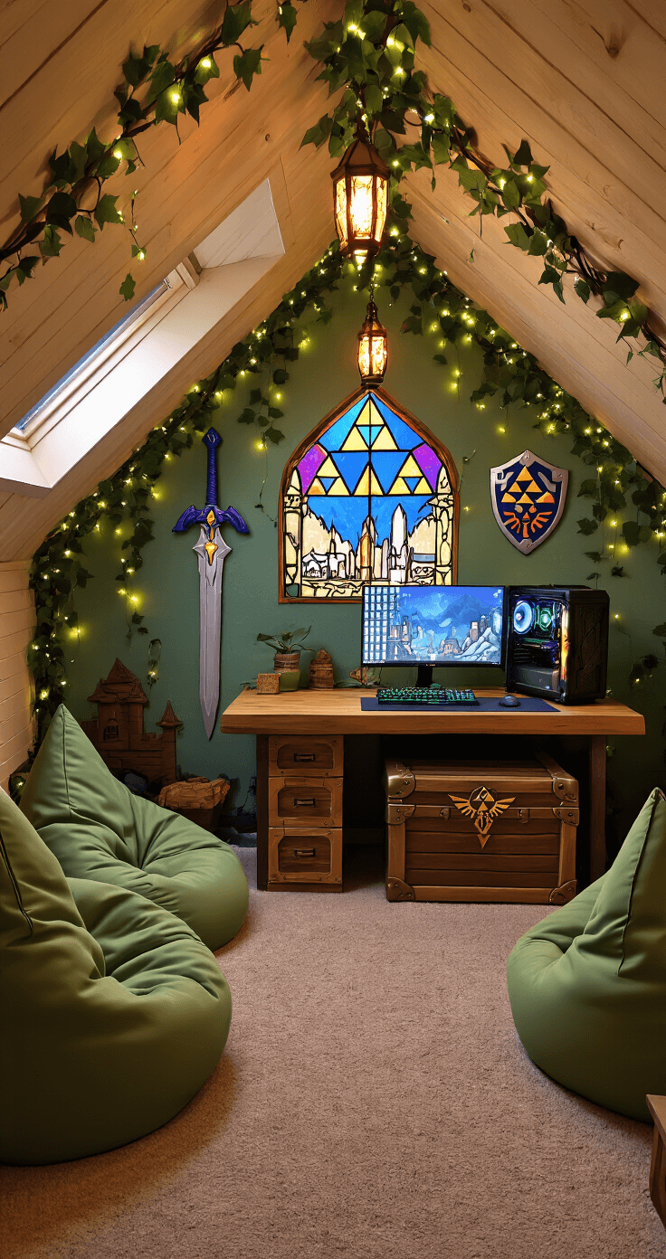 PC Gaming Room Decor: Essential Guide Cozy attic gaming sanctuary with Zelda theme, featuring sloped ceilings adorned with faux vines and fairy lights, a treasure chest-style desk with a gaming PC, mounted replica Master Sword and Hylian Shield, Triforce stained glass panels, Korok-shaped bean bag chairs, and a hand-painted Hyrule Castle mural, all bathed in warm, magical lighting.