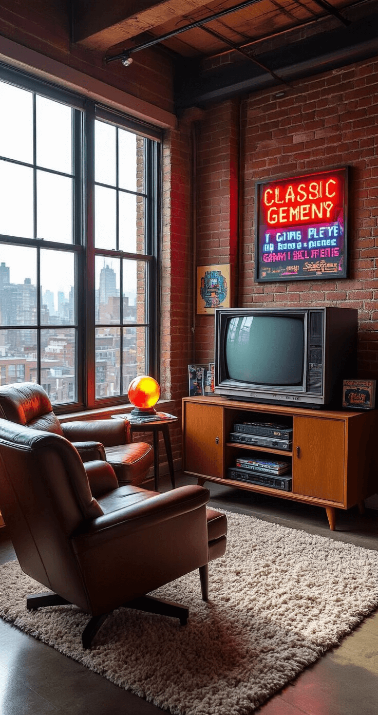 An intimate 12x12ft gaming nook in a modern loft, featuring a vintage CRT TV on a mid-century console, classic gaming systems, a worn leather armchair, and neon signs against exposed brick walls, all illuminated by early morning light.