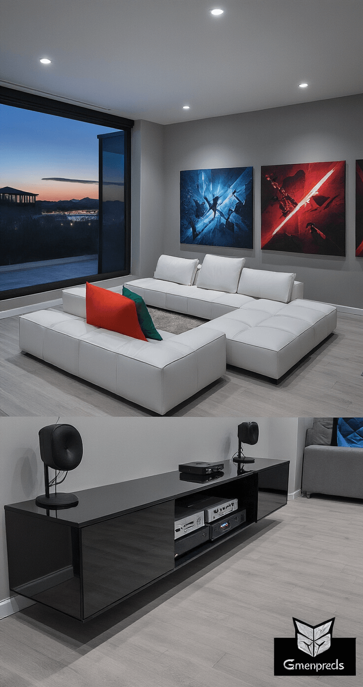 A modern minimalist living room featuring a white leather modular sofa, a large projector screen on an accent wall, and abstract gaming-inspired artwork, all illuminated by smart lighting at twilight.