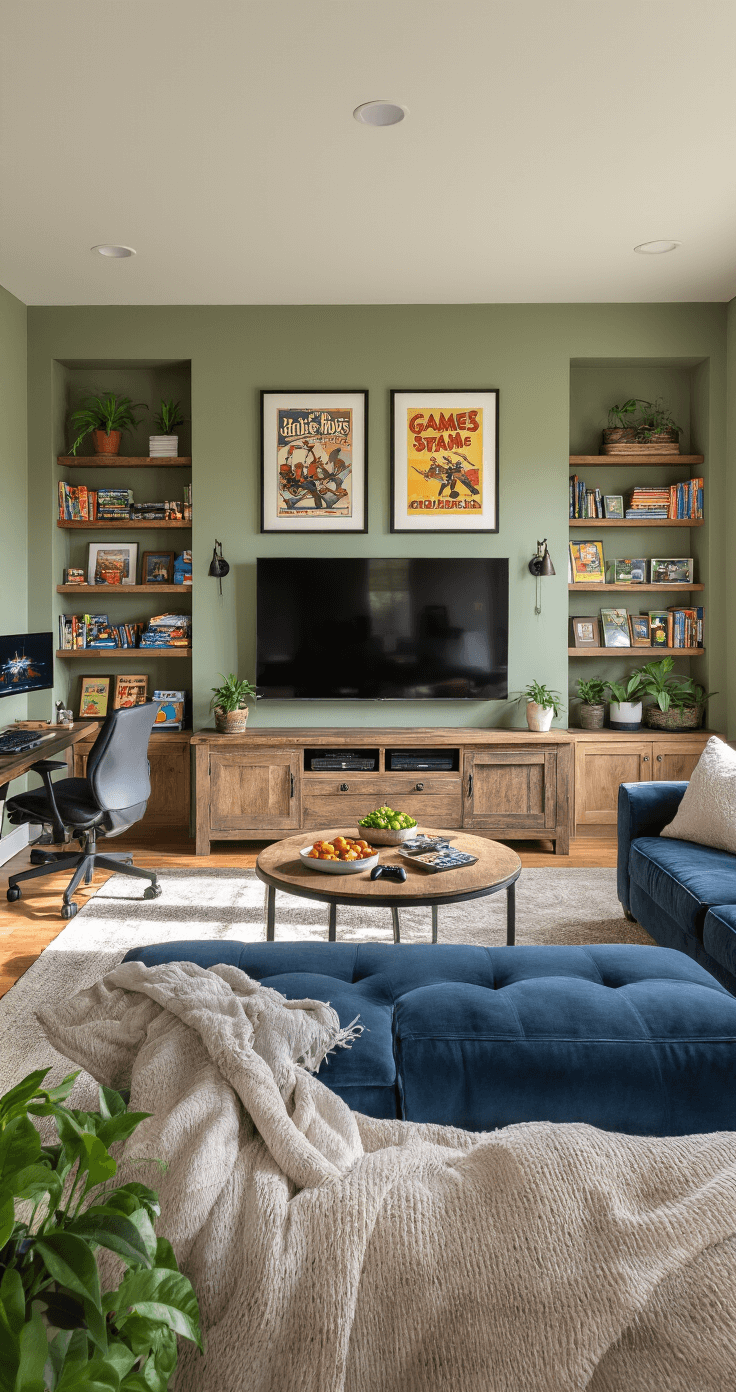 A cozy family room featuring a 65-inch TV above a rustic media console, built-in bookshelves, a deep blue velvet sectional with throws, a round coffee table with snacks, a compact gaming station, sage green walls adorned with vintage game posters, and potted plants, all bathed in warm afternoon sunlight.