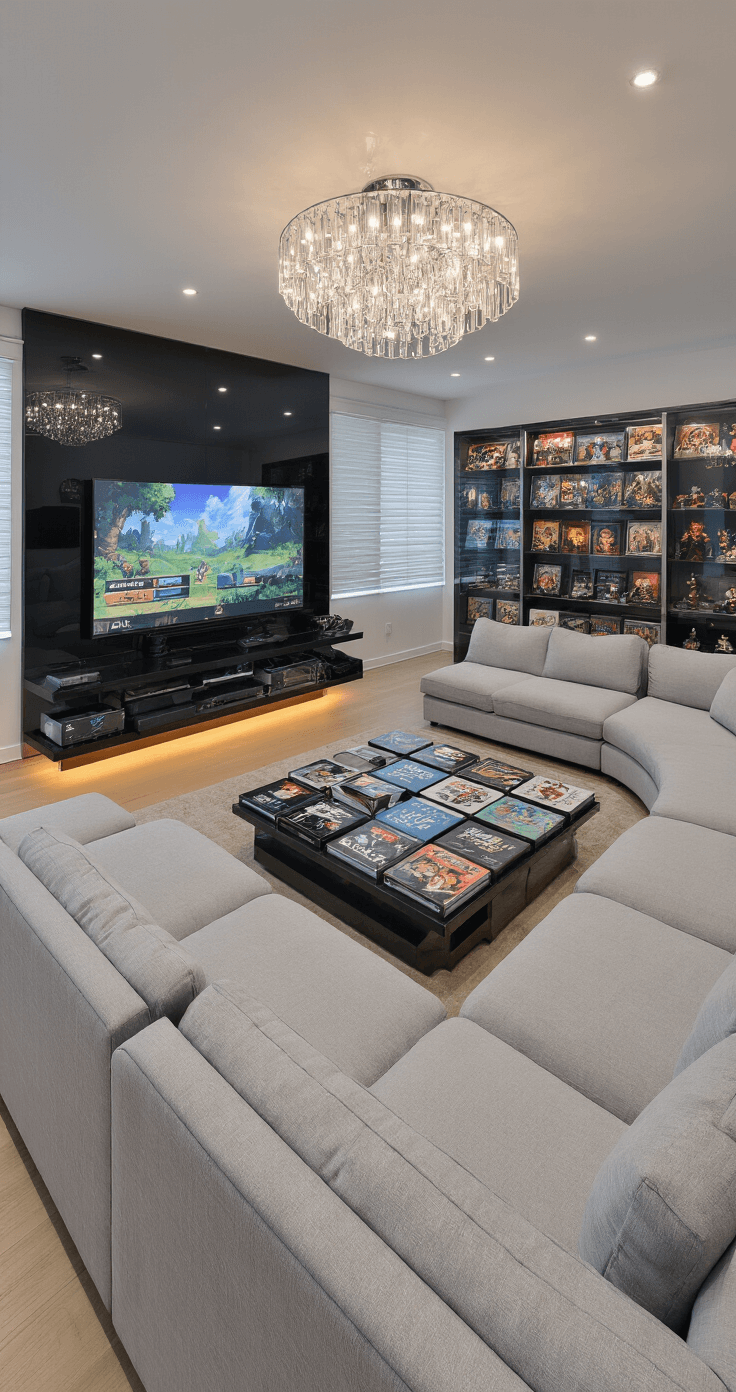 A spacious modern living area featuring recessed LED lights, a grand chandelier, a curved 98-inch 8K TV, a U-shaped light gray sofa, and a floor-to-ceiling game library, all enhanced by automated blinds and smart lighting.