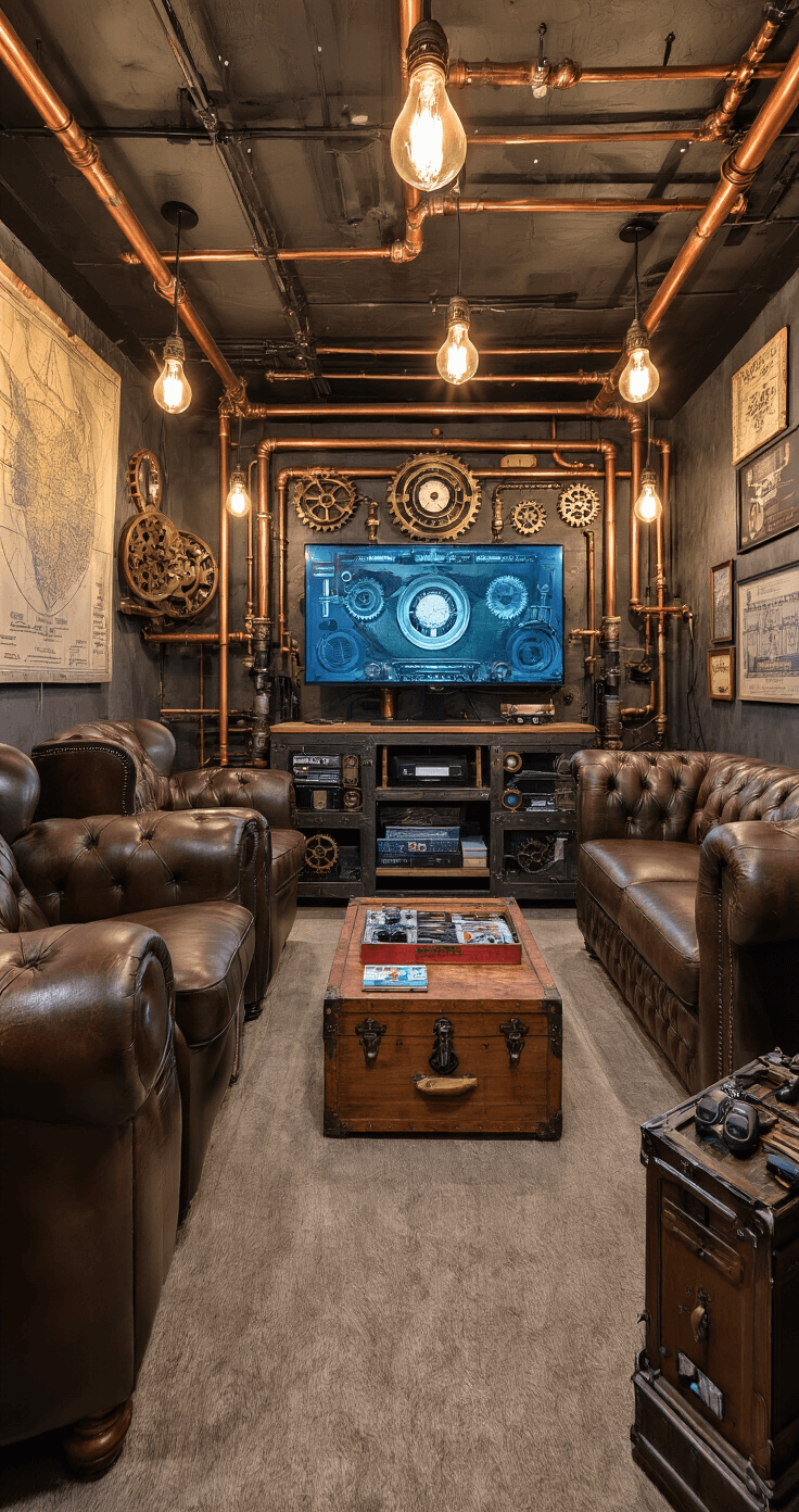 A quirky steampunk gaming den with Edison bulbs, a custom gaming cabinet, eclectic seating, vintage decor, and intricate details in warm moody lighting.