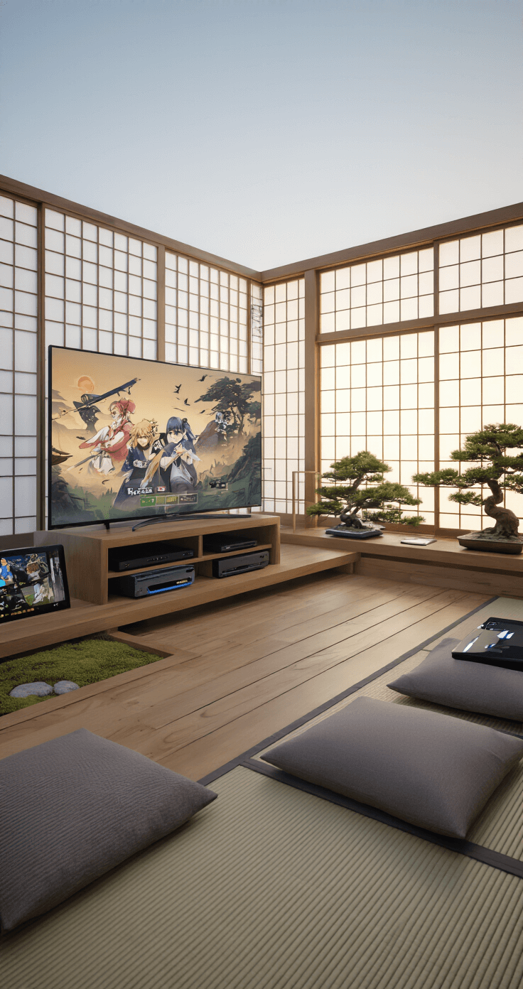 A tranquil Japanese-inspired gaming space with Shoji screens, a minimalist setup featuring a 60-inch TV, low wooden platform, and modern consoles. Traditional floor cushions, a tatami area, bonsai trees, and wall-mounted katanas create a zen atmosphere, enhanced by soft morning light.