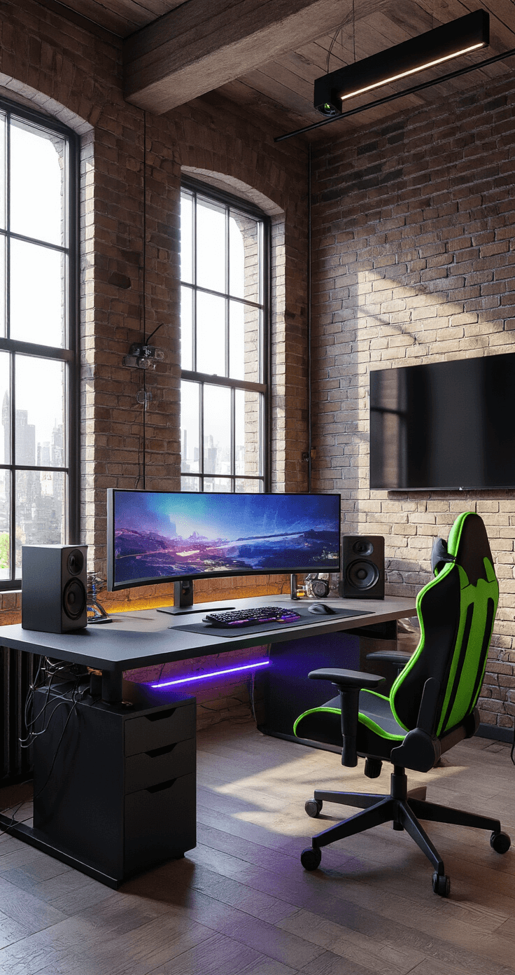 A spacious room with exposed brick walls, high ceilings, and large windows, featuring a sleek L-shaped standing desk with a curved ultra-wide monitor, an ergonomic black and neon green gaming chair, and an aesthetic focus on cable management, highlighted by soft warm lighting and electric blue LED accents.