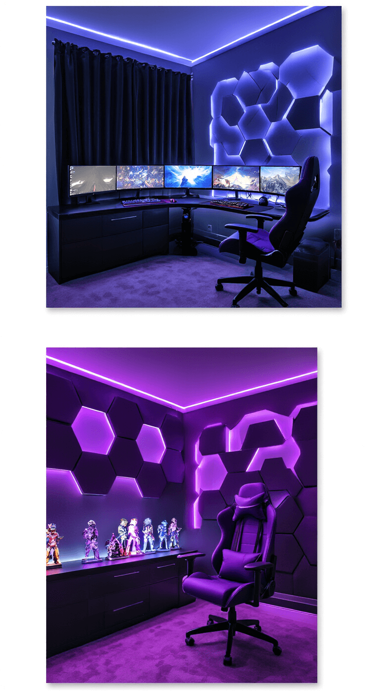 An intimate gaming nook featuring a curved desk with three monitors, illuminated gaming figurines on a floating shelf, and deep purple lighting from geometric fixtures, all surrounded by hexagonal acoustic panels in black and deep blue.