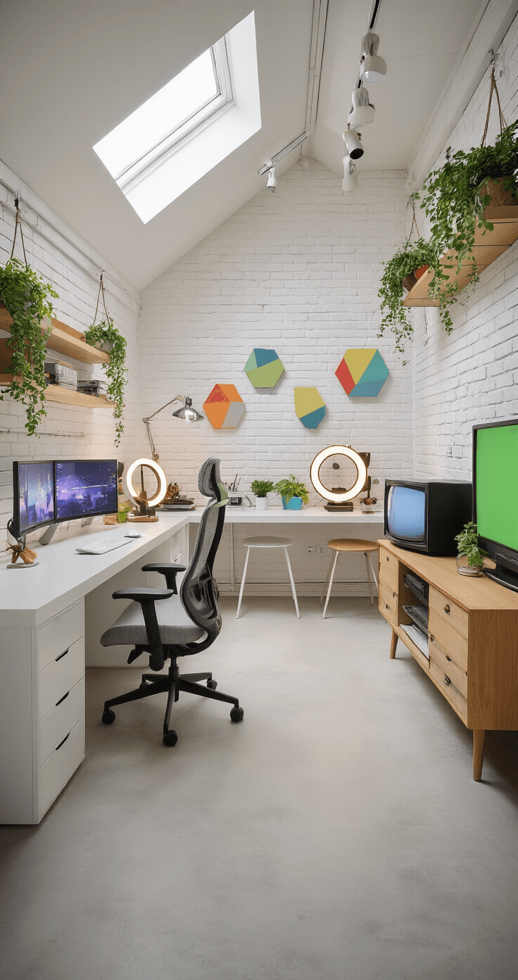 A spacious, loft-style gaming room with whitewashed brick walls and polished concrete floors, featuring a main gaming area, a cozy streaming corner, and a retro gaming section, all illuminated by natural light and track lighting, with hanging plants and geometric wall art.