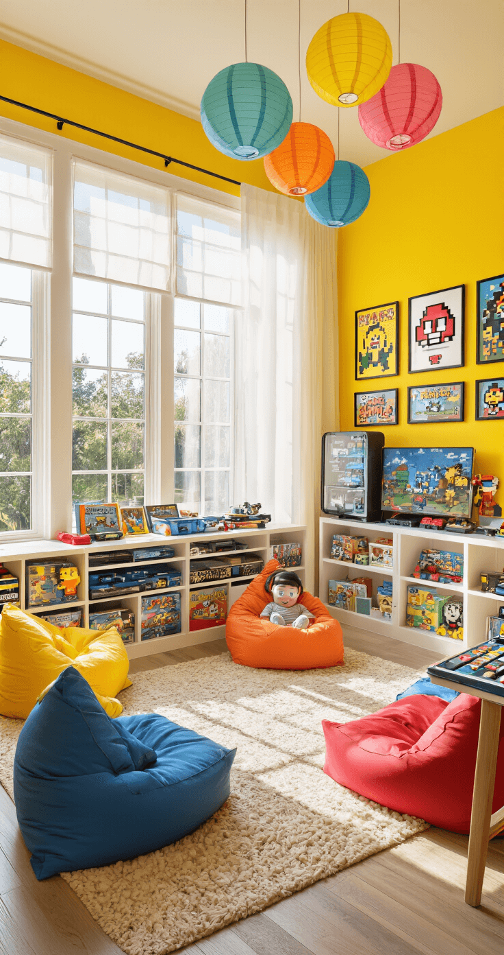 A bright and cheerful family gaming room featuring sunny yellow walls, large windows with sheer curtains, colorful beanbag chairs, a central gaming console island, a floor-to-ceiling magnetic whiteboard, open shelving with games and toys, pixel art on the walls, a VR setup in the corner, and rainbow-colored paper lanterns for lighting.