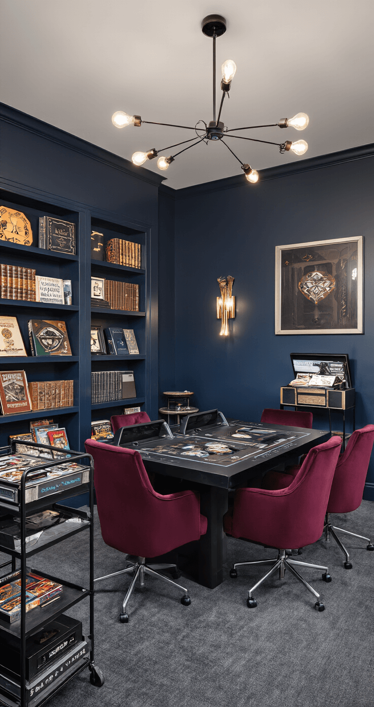A stylish gaming lounge with deep navy walls, charcoal gray carpeting, and a custom gaming table surrounded by burgundy velvet chairs, accented by a modern chandelier, artisanal games on display, a bar cart, and a vintage record player, all in a dramatic low-angle shot.