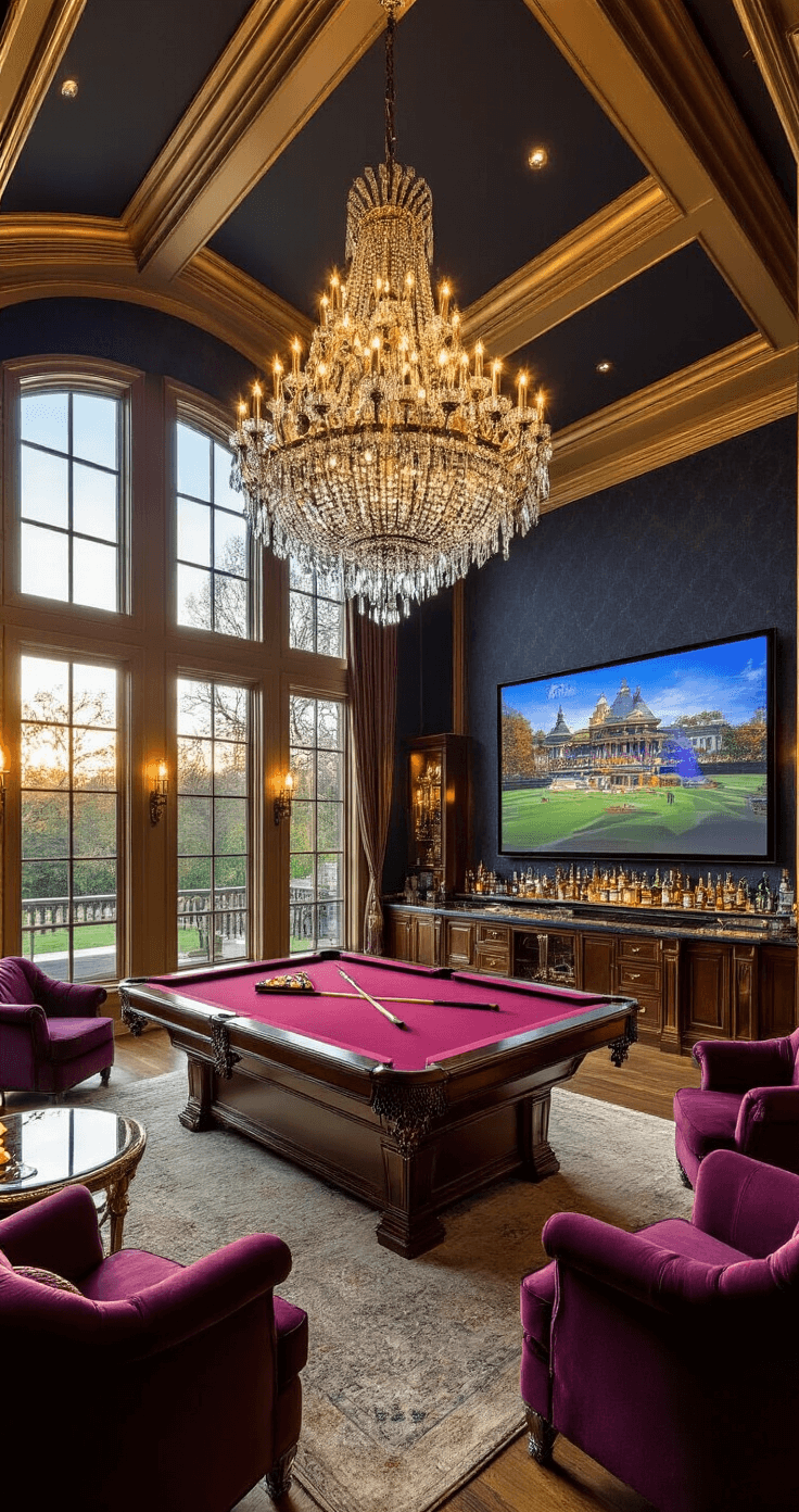 Luxury game room featuring high ceilings, expansive windows with warm sunlight, a central crystal chandelier, a mahogany billiard table, plush jewel-toned armchairs, a polished wet bar, dark navy grasscloth wallpaper with vintage game posters, and an ultra-wide curved OLED screen, all captured from the entrance.