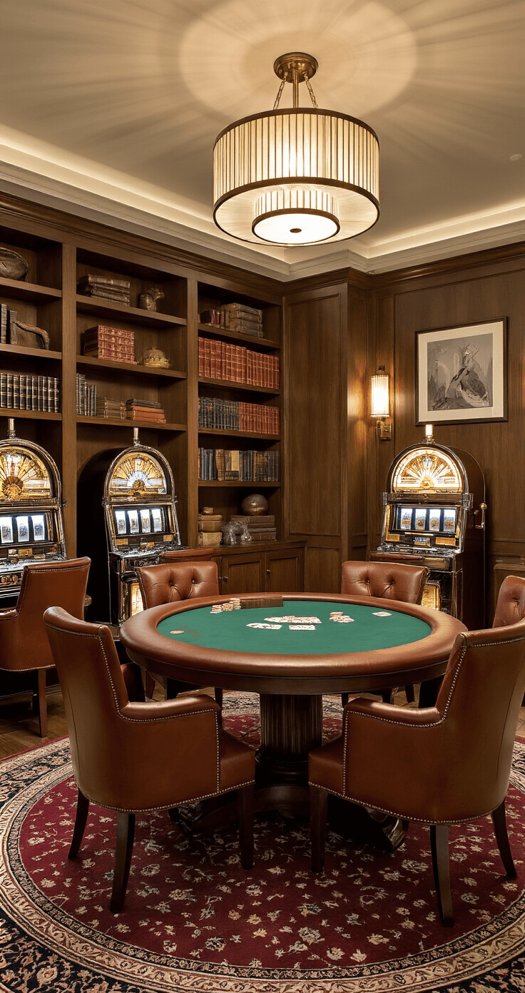 An intimate game nook featuring a round poker table with green baize surrounded by high-back cognac leather chairs, illuminated by soft evening light from Art Deco sconces and a brass drum pendant. Vintage slot machines line one wall, while the opposite wall showcases floor-to-ceiling shelves filled with leather-bound books and curios. A deep burgundy area rug anchors the space, complementing the coffered ceiling, and a gold and glass bar cart sits elegantly in the corner.