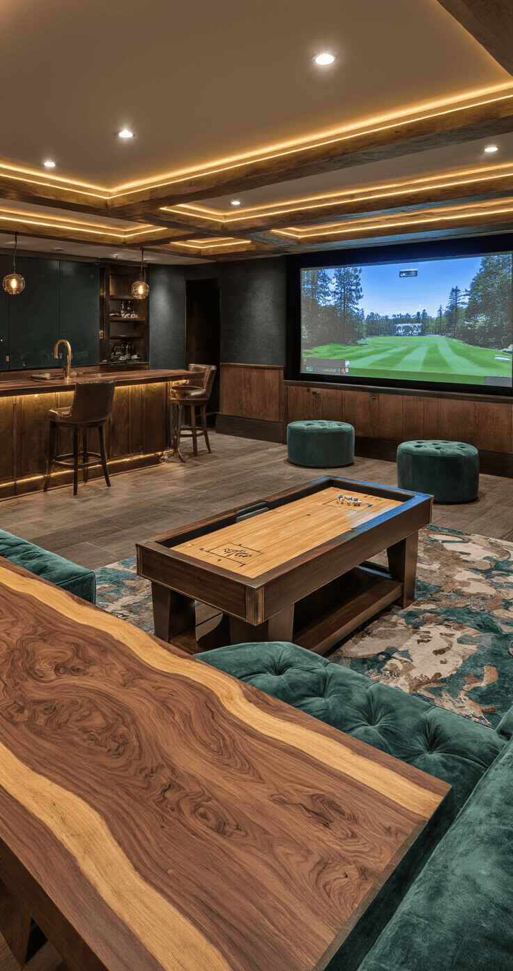 A luxurious basement game room featuring a custom shuffleboard table, a sunken conversation pit with velvet seating, a golf simulator, and a full-size bar, all illuminated by recessed lighting and LED strips.