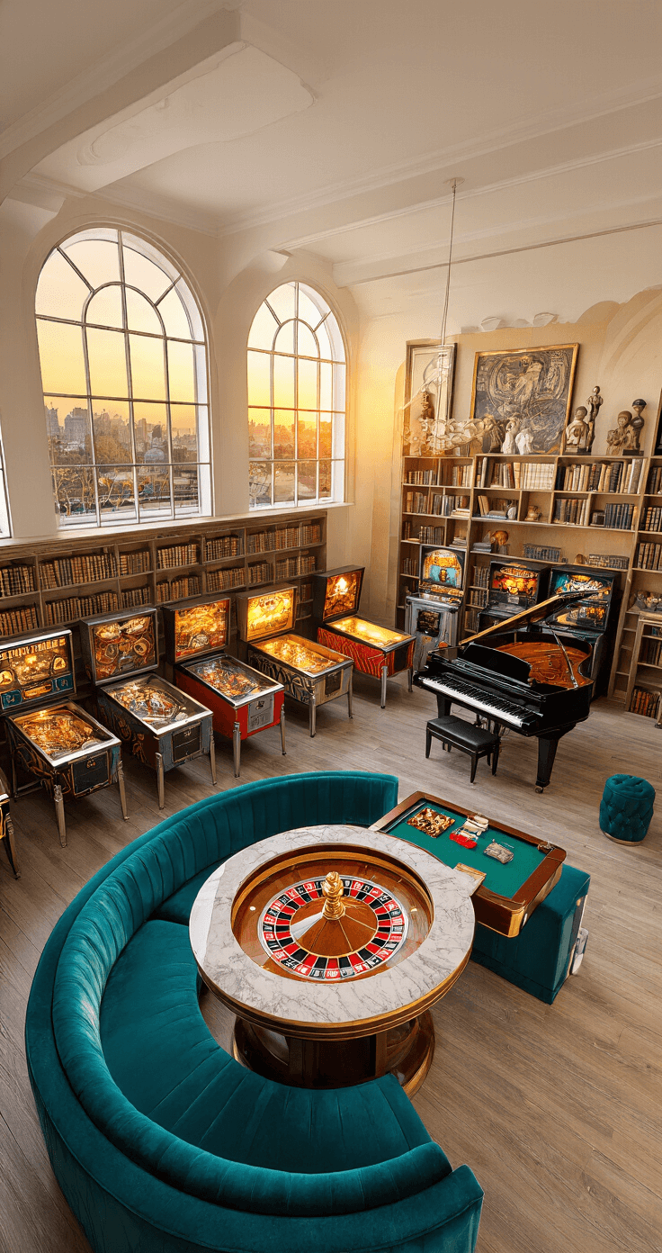 A luxurious Art Deco-inspired game room with arched windows glowing at sunset, featuring a marble-topped roulette table, deep teal velvet banquette seating, a floor-to-ceiling bookcase, vintage pinball machines, a black grand piano, and a fully-stocked bar, all accentuated by warm lighting and rich textures on a herringbone hardwood floor.