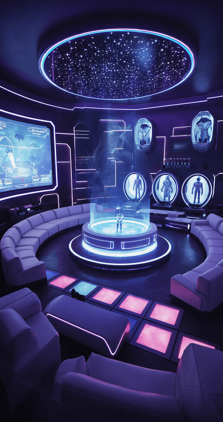 A futuristic game room measuring 4,000 sq ft, featuring a holographic gaming arena, tiered white leather seating, a curved 8K display, VR pods, a floating DJ booth, and a molecular mixology bar, all illuminated by dynamic color-changing LED panels and immersive lighting.