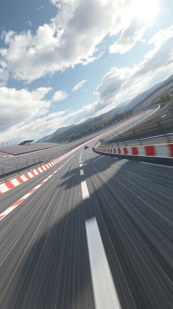 A dynamic racing track with a car speeding around a curve under a blue sky.