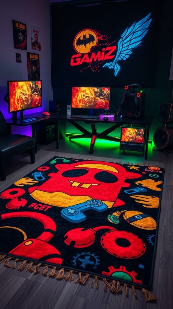 A colorful gaming rug with playful graphics in a gaming room setup.