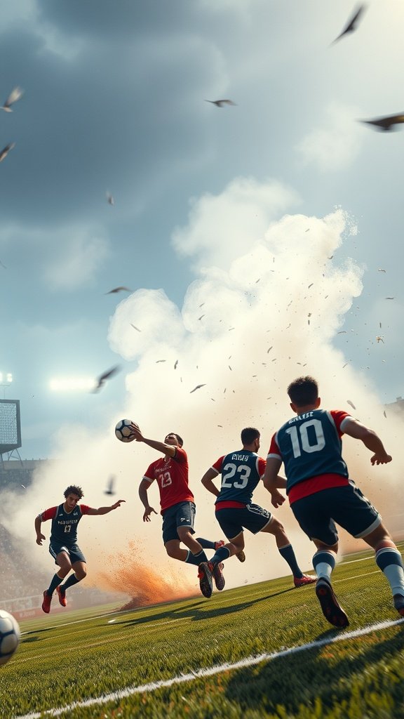 Dynamic soccer action with players in motion on the field