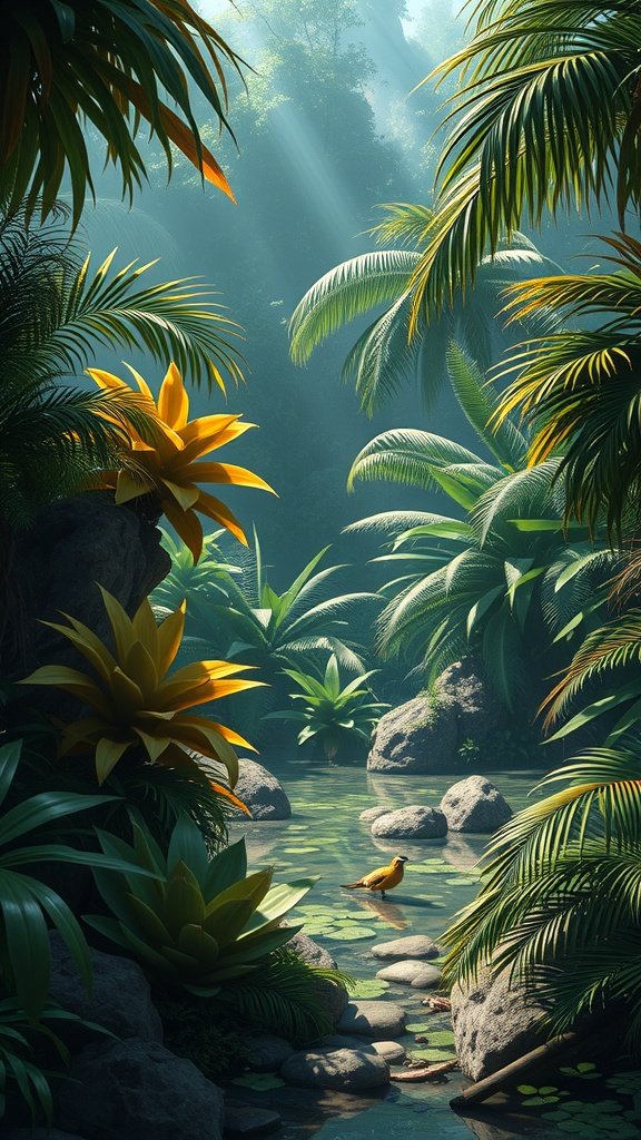 A serene jungle scene with lush greenery, a calm pond, and a yellow bird.