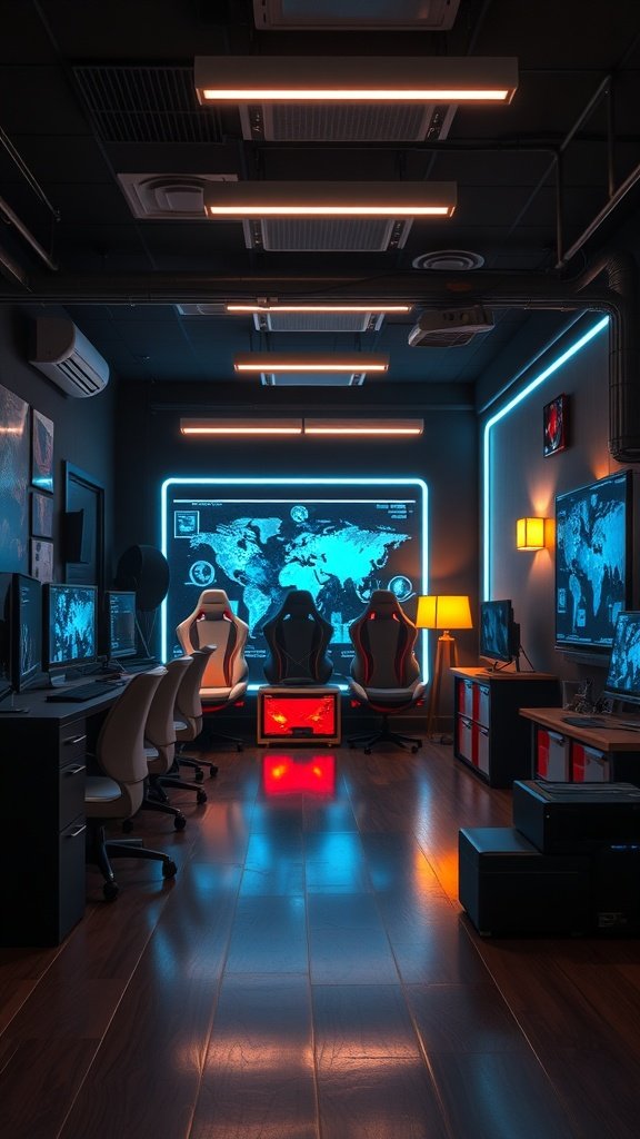 35 Essential Items for Creating the Ultimate Cozy Gaming Room A cozy gaming room with ambient lighting, featuring blue neon lights and warm lamps.