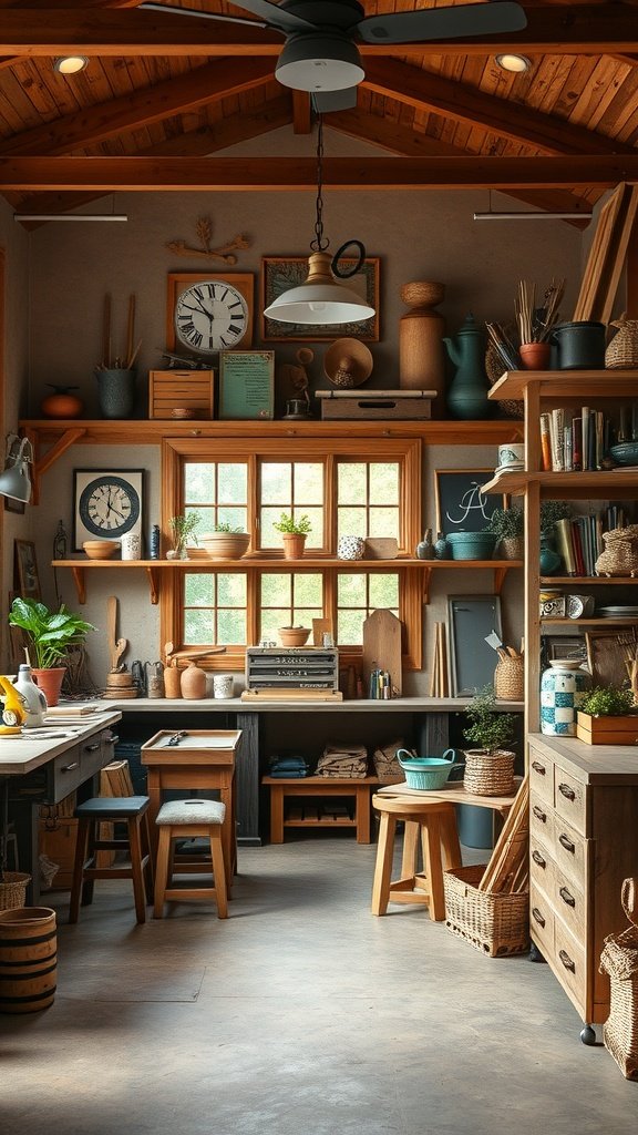 35 Dreamy Bloxburg House Ideas to Inspire Your Next Build Interior of a cozy artisan workshop with wooden shelves, plants, and crafting tools.