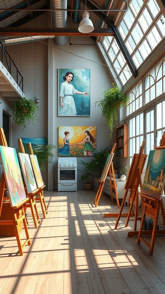35 Dreamy Bloxburg House Ideas to Inspire Your Next Build A bright artistic studio loft with large windows, easels, and plants.