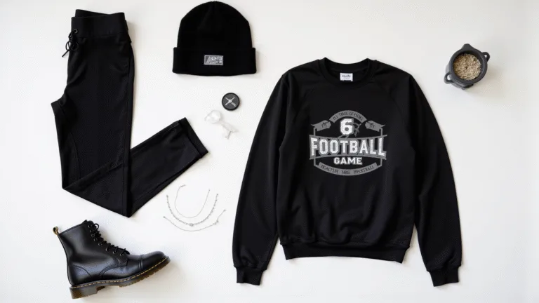 A flat lay of luxury black football game attire on a white background, including matte black combat boots, high-waisted leggings with mesh panels, an oversized vintage sweatshirt, a sleek beanie, silver jewelry, and a face paint kit, illuminated by natural morning light.