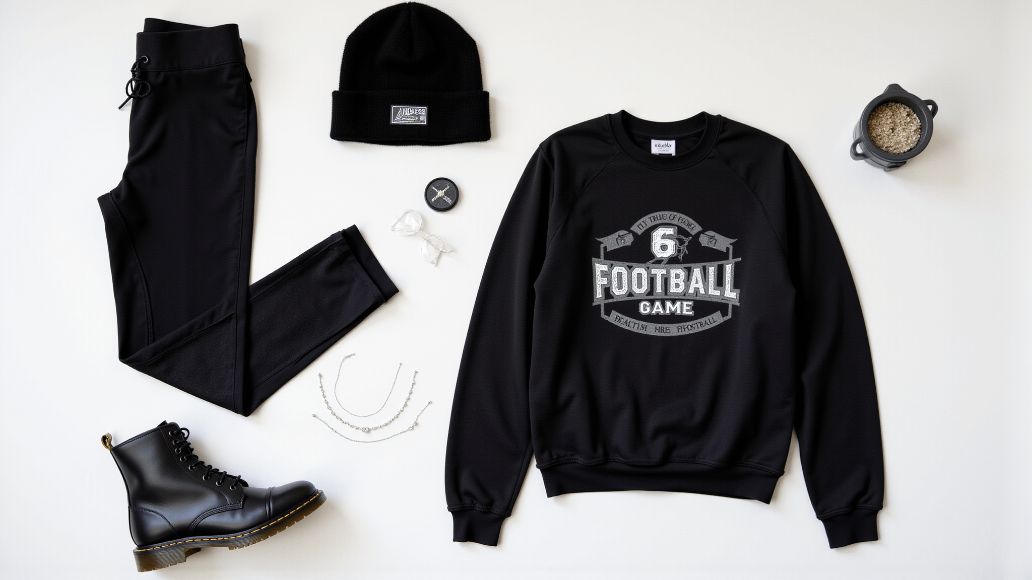 A flat lay of luxury black football game attire on a white background, including matte black combat boots, high-waisted leggings with mesh panels, an oversized vintage sweatshirt, a sleek beanie, silver jewelry, and a face paint kit, illuminated by natural morning light.
