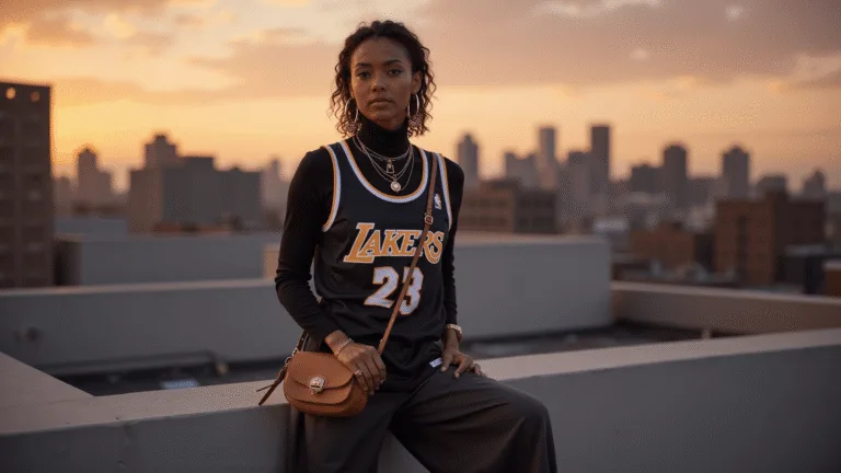 A stylish Black woman on a rooftop at sunset, wearing a black turtleneck, vintage basketball jersey, and wide-leg trousers, accessorized with gold jewelry and a leather crossbody bag, against a dramatic city skyline in warm golden hour lighting.