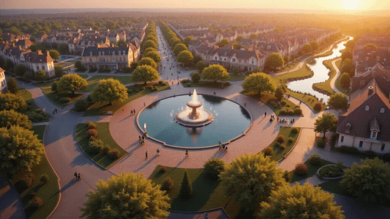 Aerial view of a Bloxburg town at golden hour, featuring a central park with gardens and a lake, Victorian and modern buildings, pastel façades, cobblestone streets, a town square with an ornate fountain, and players engaging in activities amidst lush landscaping and street lamps beginning to glow.