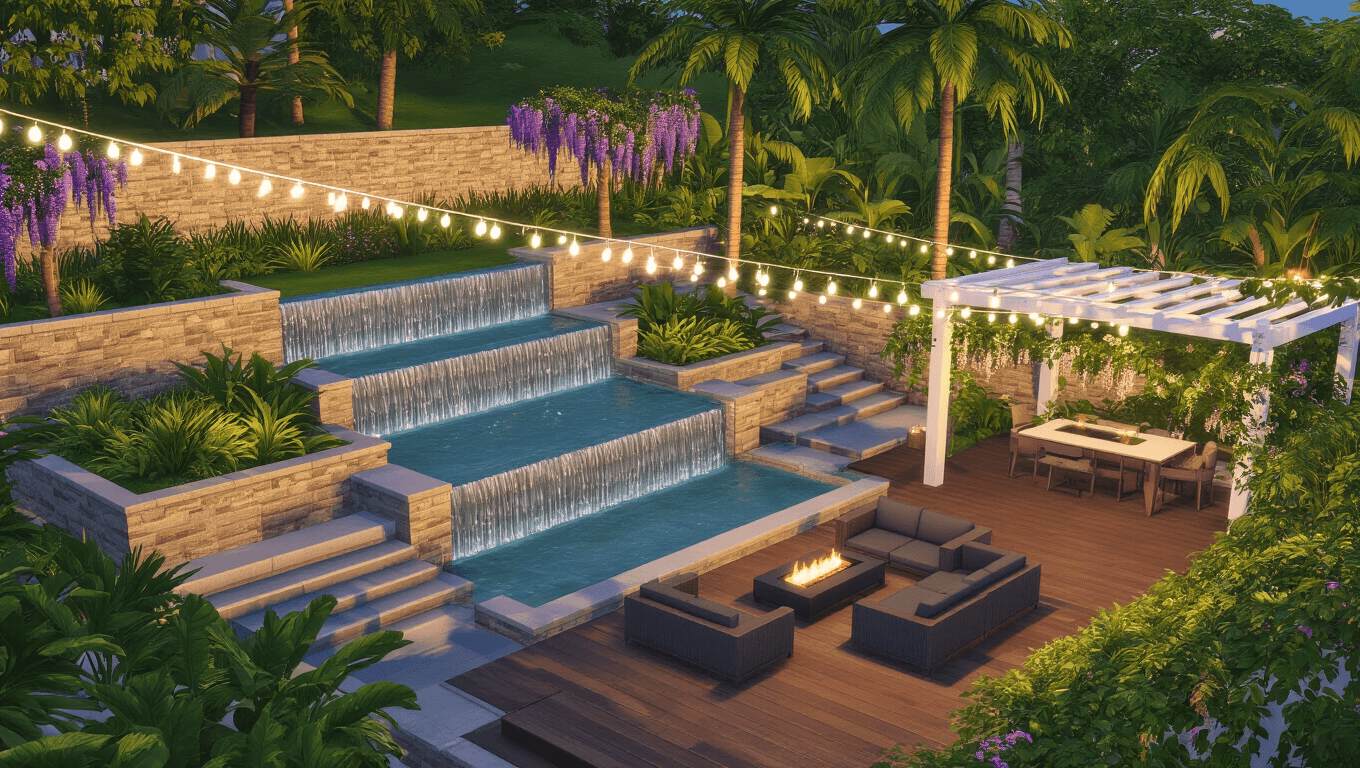 Cinematic aerial view of a luxurious multilevel garden oasis at golden hour, featuring terraced stone walls, a central infinity-edge water feature, lush tropical plants, modern outdoor furniture, and soft lighting from string lights.