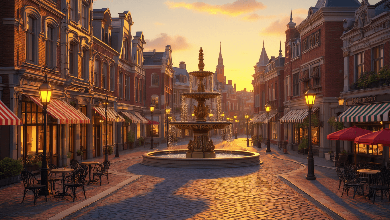 A photorealistic 3D rendering of a European-inspired town square at golden hour, featuring a grand fountain, cobblestone paths, Victorian lampposts, red brick buildings with awnings, a quaint café with outdoor seating, and warm sunset lighting creating a lively atmosphere.
