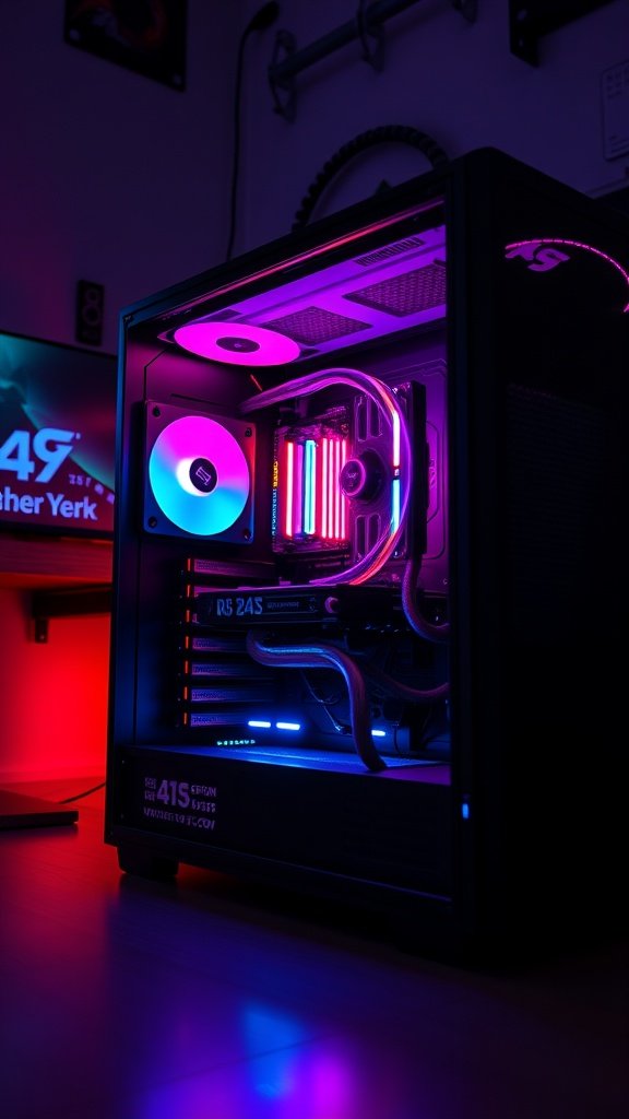 A custom gaming PC with RGB lighting in a gaming room