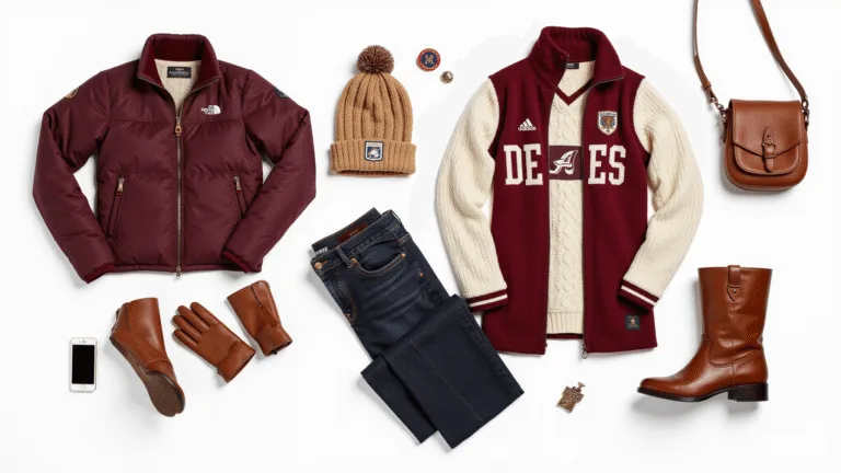 Professional flat lay of a stylish game day outfit on a white background, featuring a burgundy puffer jacket, vintage team jersey, cream cable-knit sweater, dark wash jeans, and cognac leather boots, complemented by camel wool beanie, smartphone-compatible gloves, and leather crossbody bag, all arranged with clear spacing and subtle metallic highlights.
